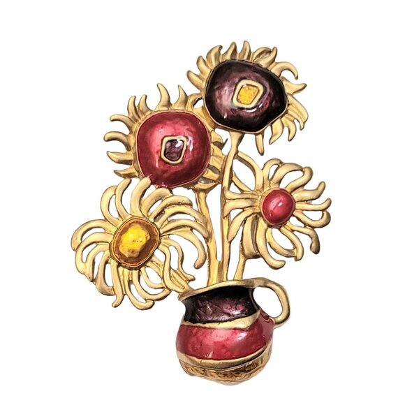 Yves Saint Laurent For AVON Van Gogh's Sunflower Painting Flower Pot Brooch - Picture 8 of 8